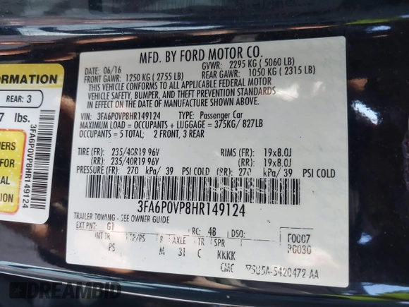 2017 Ford Fusion Sport with VIN 3FA6P0VP8HR149124, listed as a IAAI auction lot 41622552 with 126,620 mi miles. Bid and sale history available at carsss.com. Image 9.