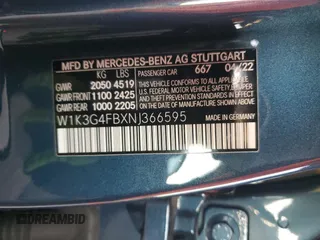 2022 Mercedes-Benz A 220 with VIN W1K3G4FBXNJ366595, listed as a Copart auction lot 41564805 with 33,487 mi miles and Salvage Title. Bid and sale history available at DreamBid. Image 12.