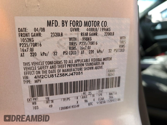 2008 Mercury Mariner z VIN 4M2CU81Z58KJ47051, wystawiony jako Copart lot #52448205 z przebiegiem 189 870 mil mil oraz Szkoda całkowita • Salvage title. Historia ofert i sprzedaży dostępna na DreamBid. Obrazek 13.