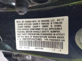 2017 Honda Civic Sedan LX with VIN 19XFC2F51HE224851, listed as a IAAI auction lot 41880127 with 94,934 mi miles. Bid and sale history available at carsss.com. Image 9.
