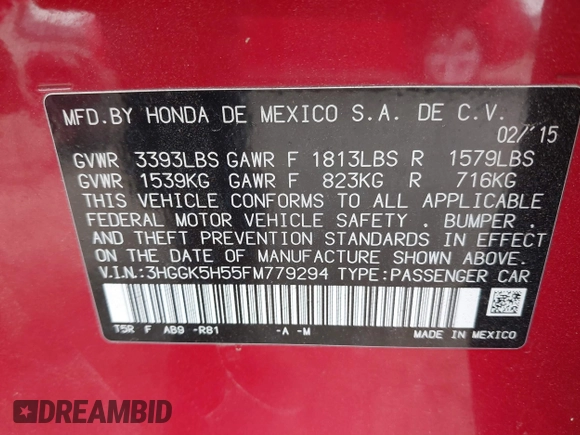 2015 Honda Fit LX with VIN 3HGGK5H55FM779294, listed as a IAAI auction lot 41771797 with 86,269 mi miles. Bid and sale history available at carsss.com. Image 9.