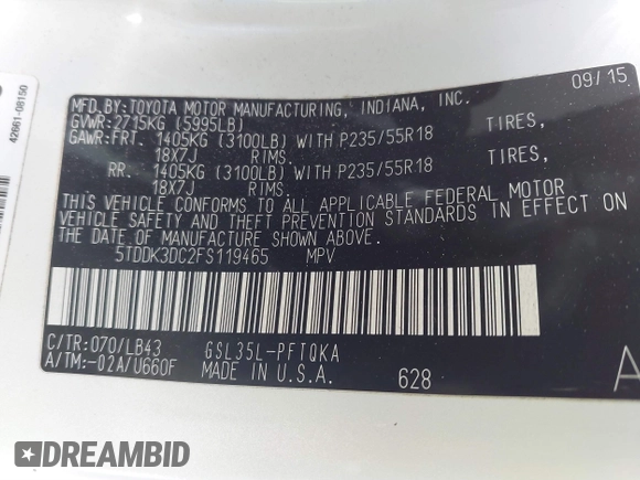 2015 Toyota Sienna Ltd with VIN 5TDDK3DC2FS119465, listed as a IAAI auction lot 41683789 with 155,981 mi miles. Bid and sale history available at carsss.com. Image 9.