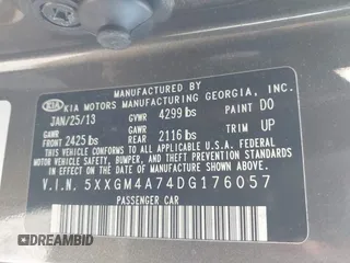 2013 Kia Optima LX with VIN 5XXGM4A74DG176057, listed as a IAAI auction lot 41826086 with 203,204 mi miles. Bid and sale history available at carsss.com. Image 9.