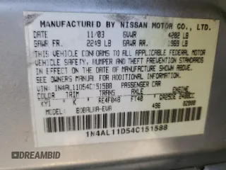 2004 Nissan Altima with VIN 1N4AL11D54C151588, listed as a Copart auction lot 62175204 with 224,915 mi miles and Salvage title. Bid and sale history available at DreamBid. Image 12.