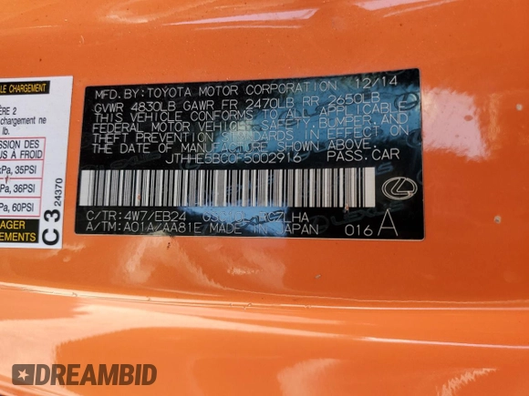 2015 Lexus RC 350 F Sport with VIN JTHHE5BC0F5002916, listed as a Copart auction lot 56970845 with 171,349 mi miles and Salvage title. Bid and sale history available at DreamBid. Image 12.
