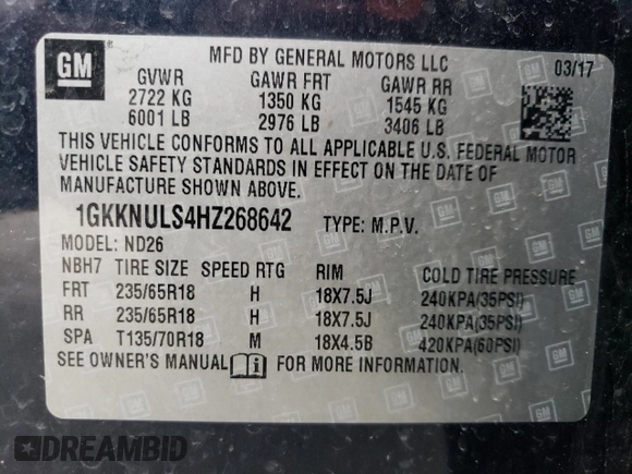 2017 GMC Acadia SLT with VIN 1GKKNULS4HZ268642, listed as a Copart auction lot 55422015 with 119,852 mi miles and Salvage title. Bid and sale history available at DreamBid. Image 14.
