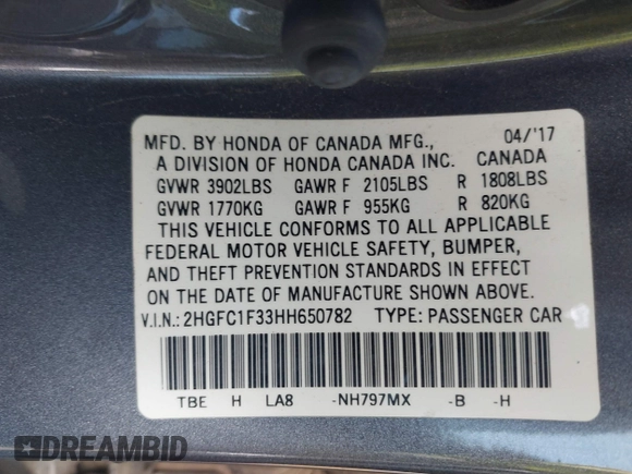 2017 Honda Civic EX-T with VIN 2HGFC1F33HH650782, listed as a IAAI auction lot 41685090 with 113,319 mi miles and . Bid and sale history available at carsss.com. Image 9.
