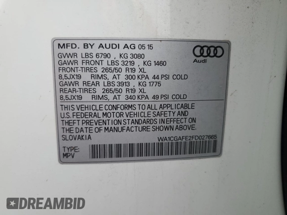 2015 Audi Q7 3.0T Premium with VIN WA1CGAFE2FD027665, listed as a Copart auction lot 44530395 with 74,431 mi miles and Salvage Title. Bid and sale history available at carsss.com. Image 14.