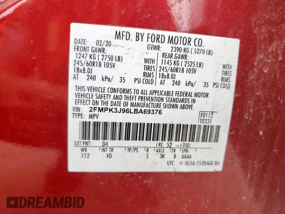 2020 Ford Edge SEL с VIN 2FMPK3J96LBA69376, выставлен на аукционе Copart как лот 57553395 с пробегом 69 468 миль миль и Списание • Salvage title. История ставок и продаж доступна на DreamBid. Изображение 14.