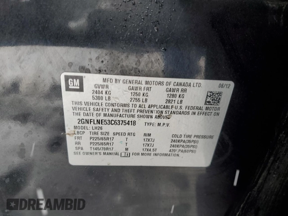2012 Chevrolet Equinox LT w/2LT with VIN 2GNFLNE53C6375418, listed as a Copart auction lot 45059955 with 239,724 mi miles and Salvage Title. Bid and sale history available at carsss.com. Image 14.