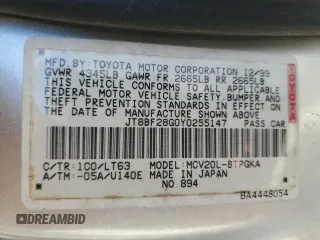 2000 Lexus ES 300 with VIN JT8BF28G0Y0255147, listed as a Copart auction lot 61464825 with 144,601 mi miles and Clean title. Bid and sale history available at DreamBid. Image 12.
