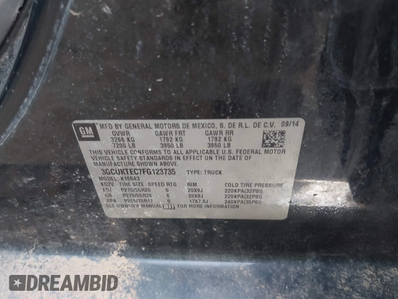 2015 Chevrolet Silverado 1500 High Country with VIN 3GCUKTEC7FG123735, listed as a IAAI auction lot 41769439 with 183,183 mi miles and . Bid and sale history available at DreamBid. Image 9.