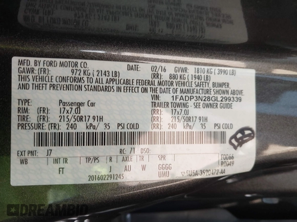 2016 Ford Focus Titanium with VIN 1FADP3N28GL299339, listed as a IAAI auction lot 42410154 with 78,245 mi miles and . Bid and sale history available at DreamBid. Image 9.