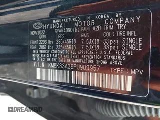 2023 Hyundai Kona N Line with VIN KM8K33A39PU989957, listed as a IAAI auction lot 41505290 with 29,134 mi miles and . Bid and sale history available at DreamBid. Image 9.