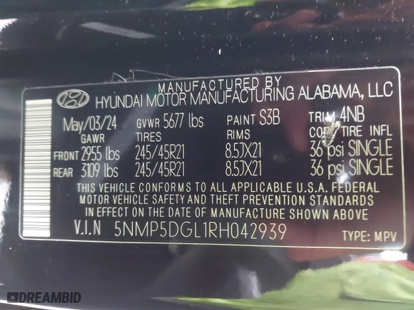 2024 Hyundai Santa Fe Calligraphy with VIN 5NMP5DGL1RH042939, listed as a IAAI auction lot 41814389 with 4,627 mi miles. Bid and sale history available at carsss.com. Image 9.