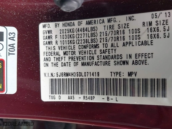 2013 Honda CR-V LX with VIN 5J6RM4H35DL071419, listed as a IAAI auction lot 41939434 with 169,915 mi miles. Bid and sale history available at carsss.com. Image 9.