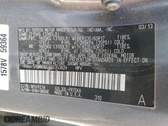 2013 Toyota Sienna LE AAS with VIN 5TDKK3DC6DS353824, listed as a Copart auction lot 46690845 with 190,502 mi miles and Salvage Title. Bid and sale history available at carsss.com. Image 13.