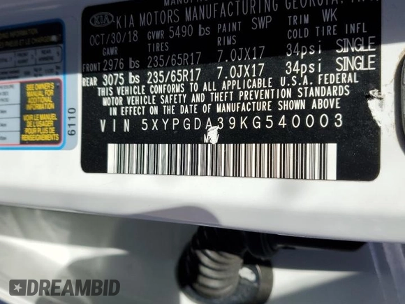 2019 Kia Sorento LX with VIN 5XYPGDA39KG540003, listed as a Copart auction lot 45834465 with 117,334 mi miles and Salvage Title. Bid and sale history available at DreamBid. Image 13.