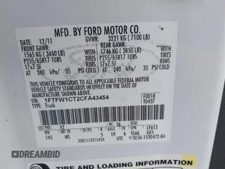 2012 Ford F-150 XL with VIN 1FTFW1CT2CFA43454, listed as a IAAI auction lot 41902293 with 236,605 mi miles. Bid and sale history available at carsss.com. Image 9.