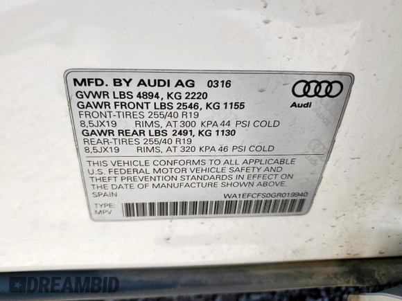 2016 Audi Q3 Premium Plus with VIN WA1EFCFS0GR019940, listed as a Copart auction lot 63771625 with 98,591 mi miles and Salvage title. Bid and sale history available at DreamBid. Image 13.