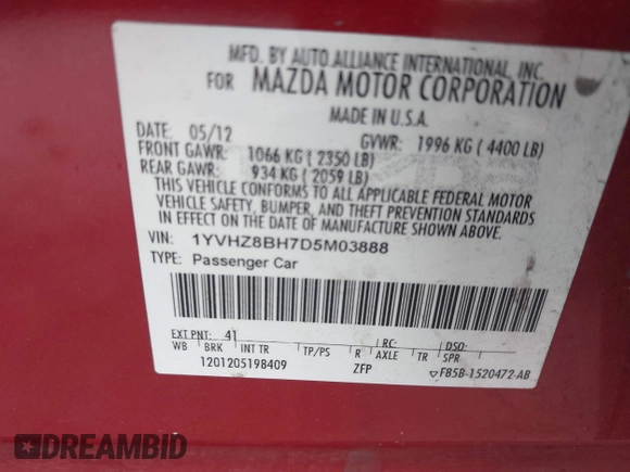 2013 Mazda 6 i Sport with VIN 1YVHZ8BH7D5M03888, listed as a IAAI auction lot 41617274 with 171,225 mi miles and . Bid and sale history available at carsss.com. Image 9.