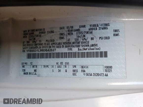 2008 Ford Econoline Passenger XL z VIN 1FBSS31L98DB42627, wystawiony jako Copart lot #63192154 z przebiegiem 111 494 mil mil oraz Szkoda całkowita • Salvage title. Historia ofert i sprzedaży dostępna na DreamBid. Obrazek 13.