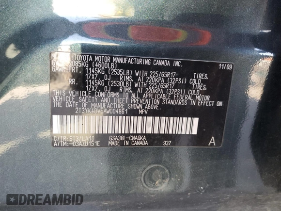 2010 Toyota RAV4 Limited with VIN 2T3YK4DV5AW004861, listed as a Copart auction lot 49750005 with 158,029 mi miles and Salvage title. Bid and sale history available at DreamBid. Image 15.