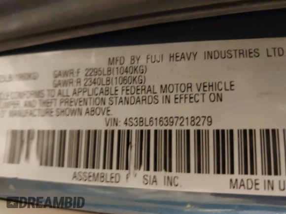 2009 Subaru Legacy Special with VIN 4S3BL616397218279, listed as a IAAI auction lot 42004428 with 189,519 mi miles and . Bid and sale history available at DreamBid. Image 9.