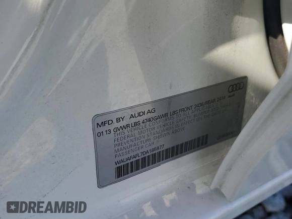 2013 Audi A4 Premium с VIN WAUAFAFL7DA185977, выставлен на аукционе Copart как лот 60604695 с пробегом 167 022 миль миль и Списание • Salvage title. История ставок и продаж доступна на DreamBid. Изображение 12.