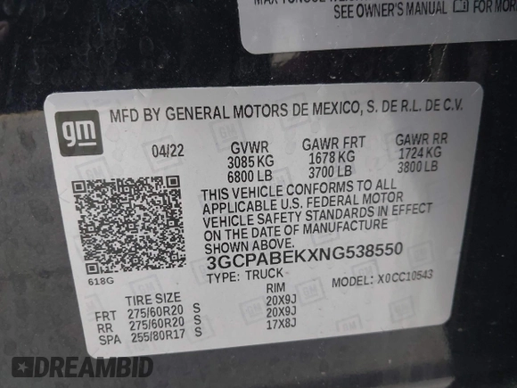 2022 Chevrolet Silverado 1500 Custom with VIN 3GCPABEKXNG538550, listed as a IAAI auction lot 41765350 with 9,982 mi miles and . Bid and sale history available at DreamBid. Image 9.
