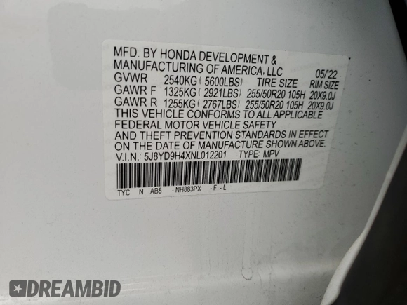 2022 Acura MDX Technology с VIN 5J8YD9H4XNL012201, выставлен на аукционе Copart как лот 53184445 с пробегом 43 091 миль миль и Списание • Salvage title. История ставок и продаж доступна на DreamBid. Изображение 13.