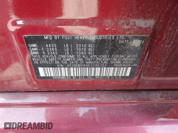 2014 Subaru Legacy Premium with VIN 4S3BMBD68E3026701, listed as a IAAI auction lot 42580926 with 112,365 mi miles and . Bid and sale history available at DreamBid. Image 9.