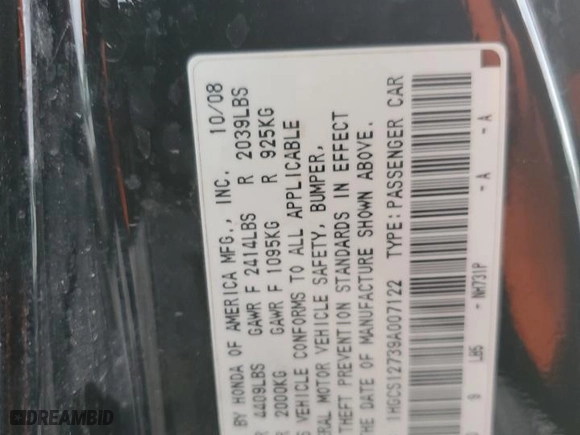 2009 Honda Accord Cpe EX with VIN 1HGCS12739A007122, listed as a Copart auction lot 43860635 with NaN miles and Salvage Title. Bid and sale history available at carsss.com. Image 12.
