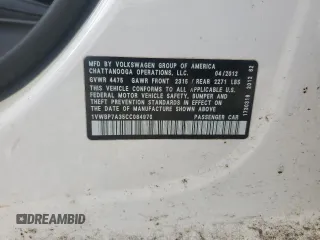 2012 Volkswagen Passat SE z VIN 1VWBP7A35CC084970, wystawiony jako Copart lot #54491265 z przebiegiem 75 497 mil mil oraz Szkody całkowita. Historia ofert i sprzedaży dostępna na DreamBid. Obrazek 12.
