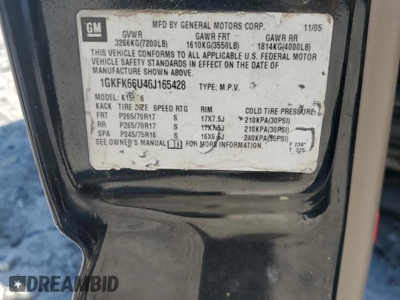2006 GMC Yukon XL with VIN 1GKFK66U46J165428, listed as a Copart auction lot 52756205 with Not provided miles and Salvage title. Bid and sale history available at DreamBid. Image 13.