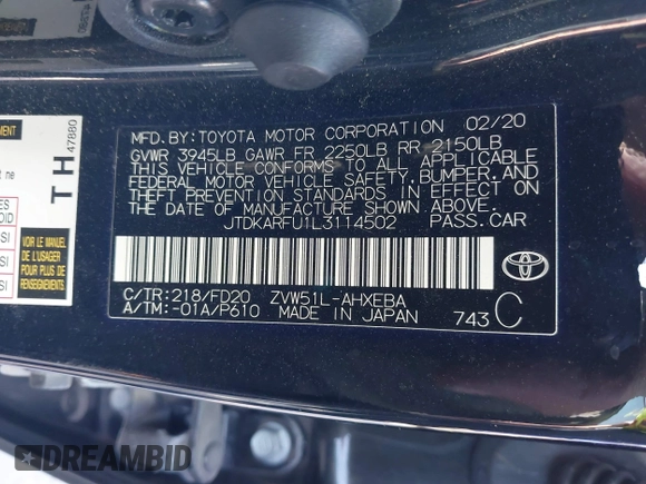 2020 Toyota Prius L Eco with VIN JTDKARFU1L3114502, listed as a IAAI auction lot 41134750 with 62,222 mi miles and . Bid and sale history available at DreamBid. Image 9.