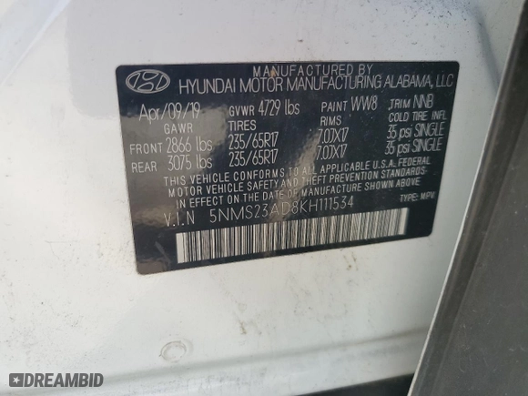 2019 Hyundai Santa Fe SE with VIN 5NMS23AD8KH111534, listed as a Copart auction lot 44933265 with 120,808 mi miles and Clean Title. Bid and sale history available at carsss.com. Image 13.