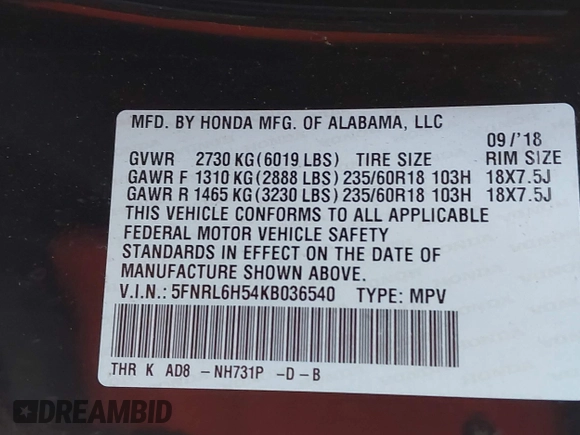 2019 Honda Odyssey EX with VIN 5FNRL6H54KB036540, listed as a IAAI auction lot 42124939 with 135,417 mi miles. Bid and sale history available at carsss.com. Image 9.