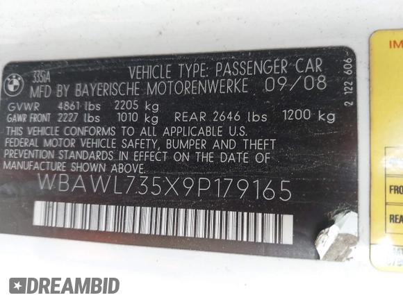 2009 BMW 3 Series 335i with VIN WBAWL735X9P179165, listed as a IAAI auction lot 42348695 with 95,062 mi miles and . Bid and sale history available at DreamBid. Image 9.