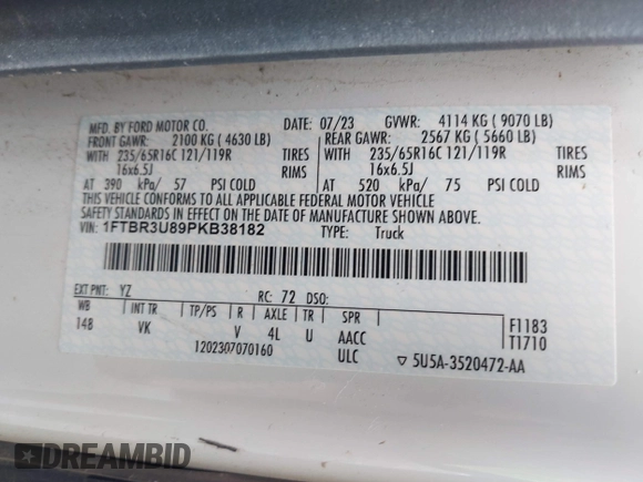 2023 Ford Transit Cargo с VIN 1FTBR3U89PKB38182, выставлен на аукционе IAAI как лот 42710478 с пробегом 78 774 миль миль и . История ставок и продаж доступна на DreamBid. Изображение 9.