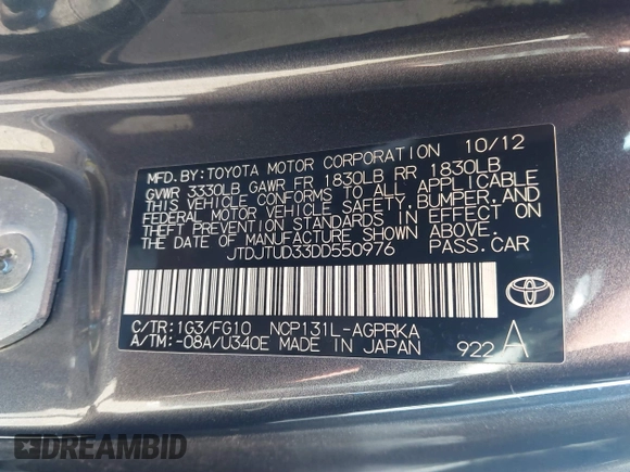 2013 Toyota Yaris L with VIN JTDJTUD33DD550976, listed as a IAAI auction lot 40691482 with 149,614 mi miles. Bid and sale history available at carsss.com. Image 9.