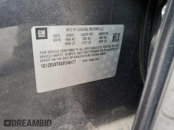 2016 Chevrolet Malibu LT with VIN 1G1ZE5STXGF248477, listed as a Copart auction lot 48372495 with 113,450 mi miles and Salvage Title. Bid and sale history available at DreamBid. Image 12.