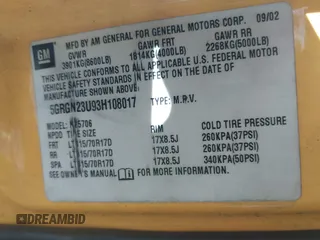 2003 Hummer H2 with VIN 5GRGN23U93H108017, listed as a IAAI auction lot 41793034 with 203,739 mi miles. Bid and sale history available at carsss.com. Image 9.