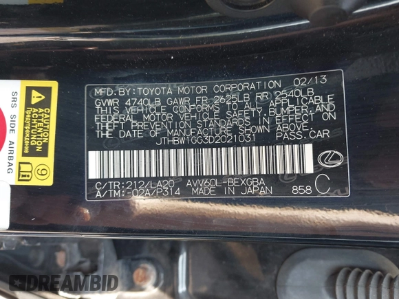 2013 Lexus ES 300h with VIN JTHBW1GG3D2021031, listed as a IAAI auction lot 42668452 with 265,788 mi miles and . Bid and sale history available at DreamBid. Image 9.