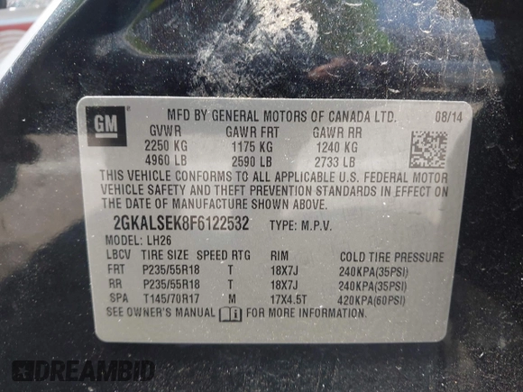 2015 GMC Terrain SLT with VIN 2GKALSEK8F6122532, listed as a IAAI auction lot 42393458 with 63,449 mi miles and . Bid and sale history available at DreamBid. Image 9.