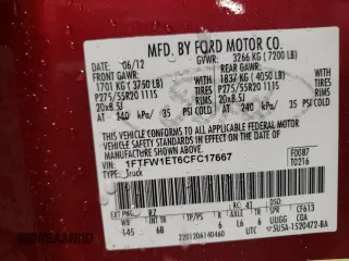 2012 Ford F-150 XL with VIN 1FTFW1ET6CFC17667, listed as a Copart auction lot 46125785 with 170,250 mi miles and Salvage title. Bid and sale history available at DreamBid. Image 12.