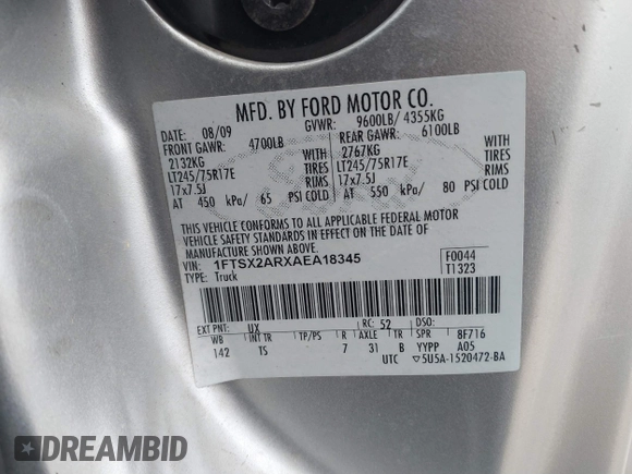 2010 Ford F-250 with VIN 1FTSX2ARXAEA18345, listed as a IAAI auction lot 41542590 with 49,648 mi miles and . Bid and sale history available at DreamBid. Image 9.
