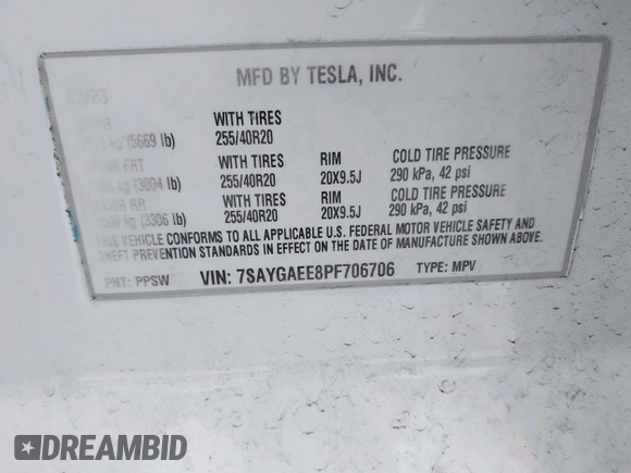 2023 Tesla Model Y Long Range with VIN 7SAYGAEE8PF706706, listed as a IAAI auction lot 41297340 with 24,428 mi miles and . Bid and sale history available at DreamBid. Image 9.