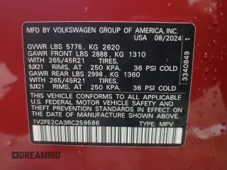 2024 Volkswagen Atlas SEL Premium R-Line with VIN 1V2FE2CA3RC259586, listed as a Copart auction lot 88070355 with 443 mi miles and Salvage title. Bid and sale history available at DreamBid. Image 13.