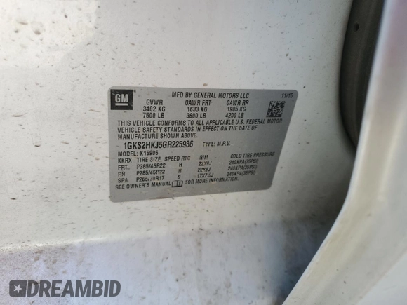 2016 GMC Yukon XL Denali with VIN 1GKS2HKJ5GR225936, listed as a Copart auction lot 49353985 with 207,658 mi miles and Salvage Title. Bid and sale history available at DreamBid. Image 13.